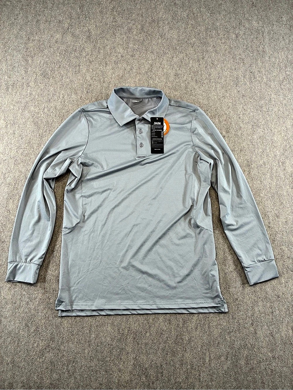JWM Men’s M Gray Long Sleeve Textured Polo Breathable UV Protection Poly/Spandex